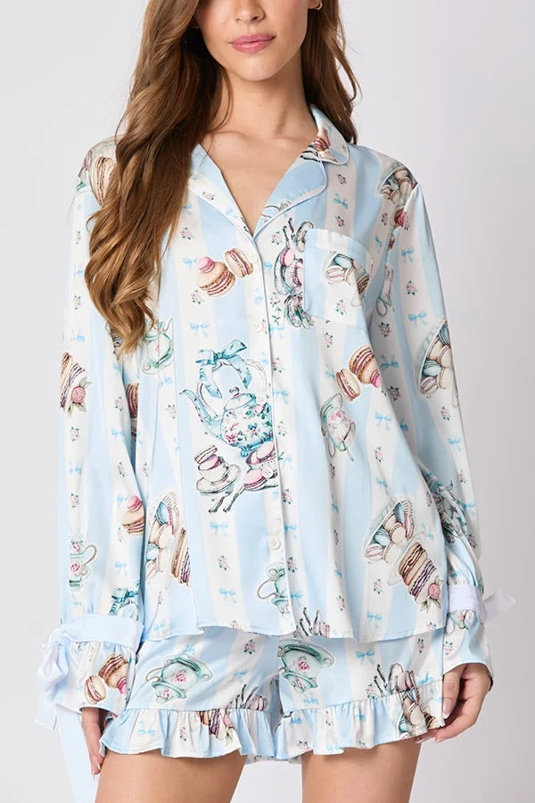 Christmas Printed Bow Tie Top and Elastic Waist Ruffle Shorts Set