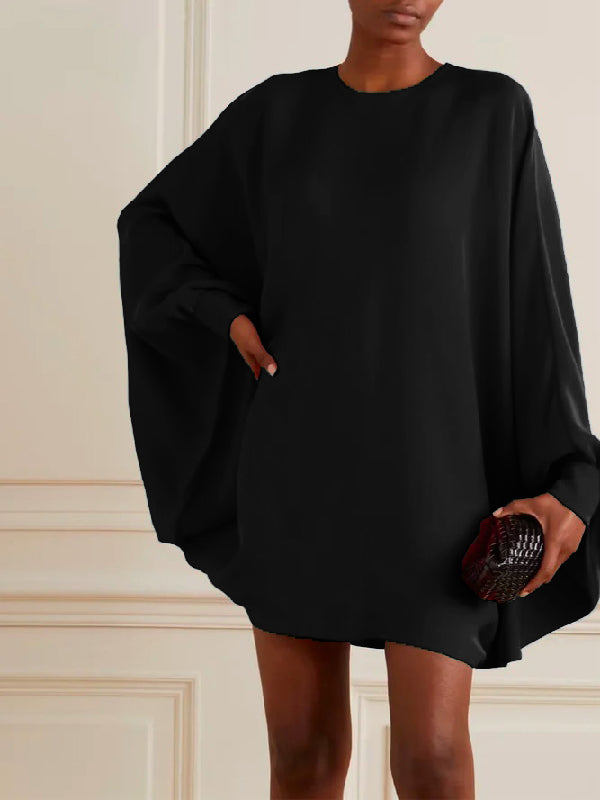 Simple Long Batwing Sleeves Color Round-neck Mini Dresses