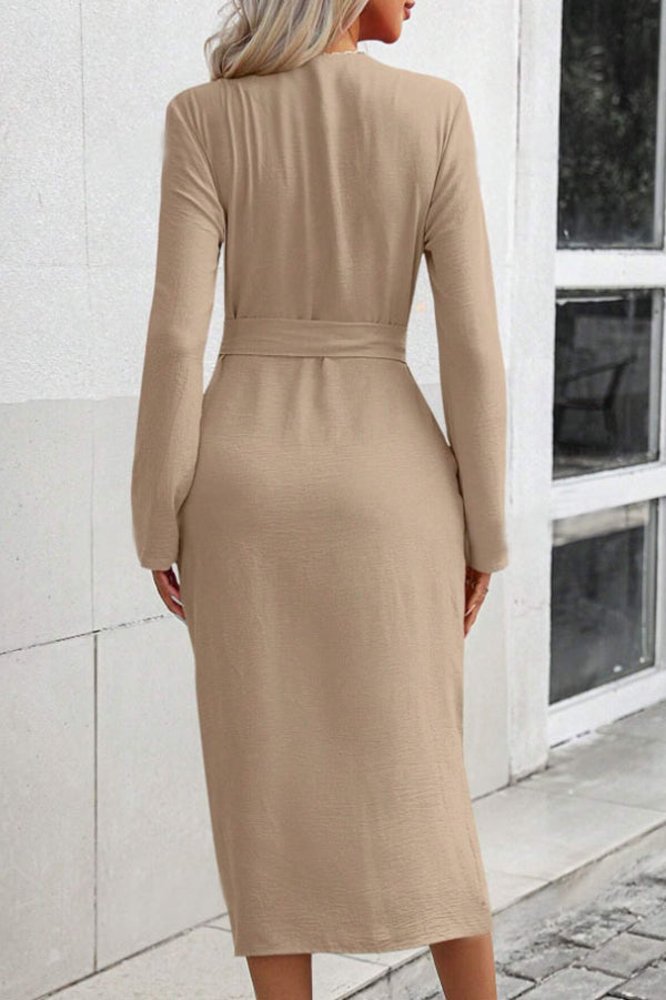 Color Lapel Waist Lace-up Slit Midi Dress