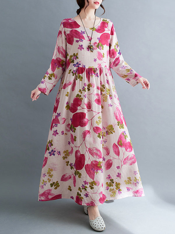 Long Sleeves Loose Flower Print Split-joint Round-neck Midi Dresses