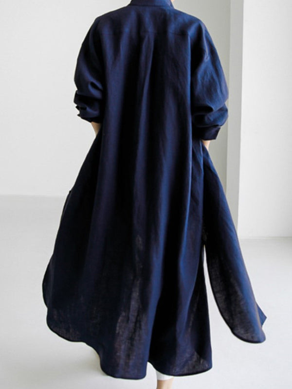 Simple Long Sleeves Split-side Color Lapel Midi Dresses Shirt Dress
