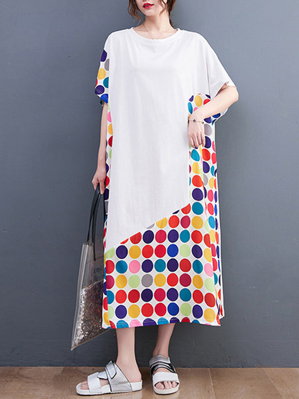 Loose Short Sleeves Multi-colored Polka-dot Split-joint Round-neck Midi Dresses