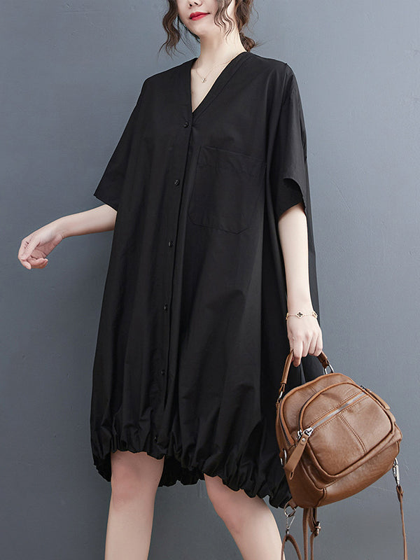 Loose Short Sleeves Color V-neck Midi Dresses