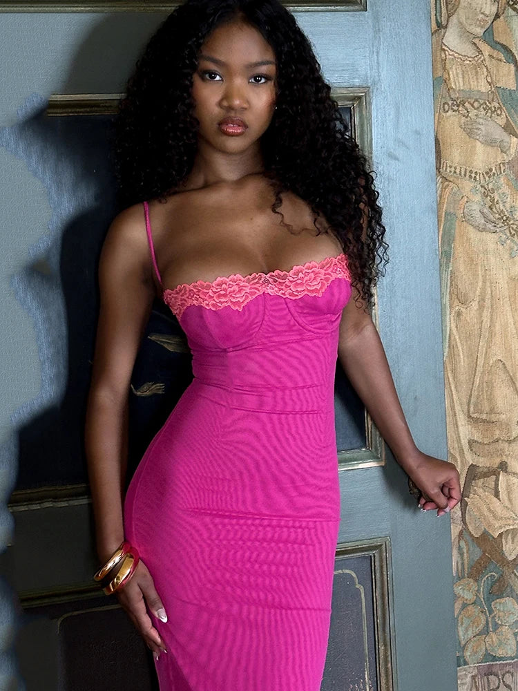 Lace Spaghetti Strap Bodycon Maxi Dress Gown Patchwork Sleeveless Backless Club Party Dress