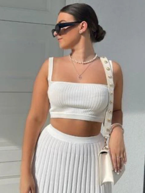New White Knit Two Piece Sets Fall Ribbed Tank Top and Pleated Knitted Skirt Suits for Long Dress Sets Summer