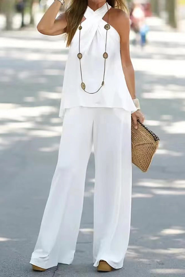 Halter Neck Color Sleeveless Wide-leg Pants Set