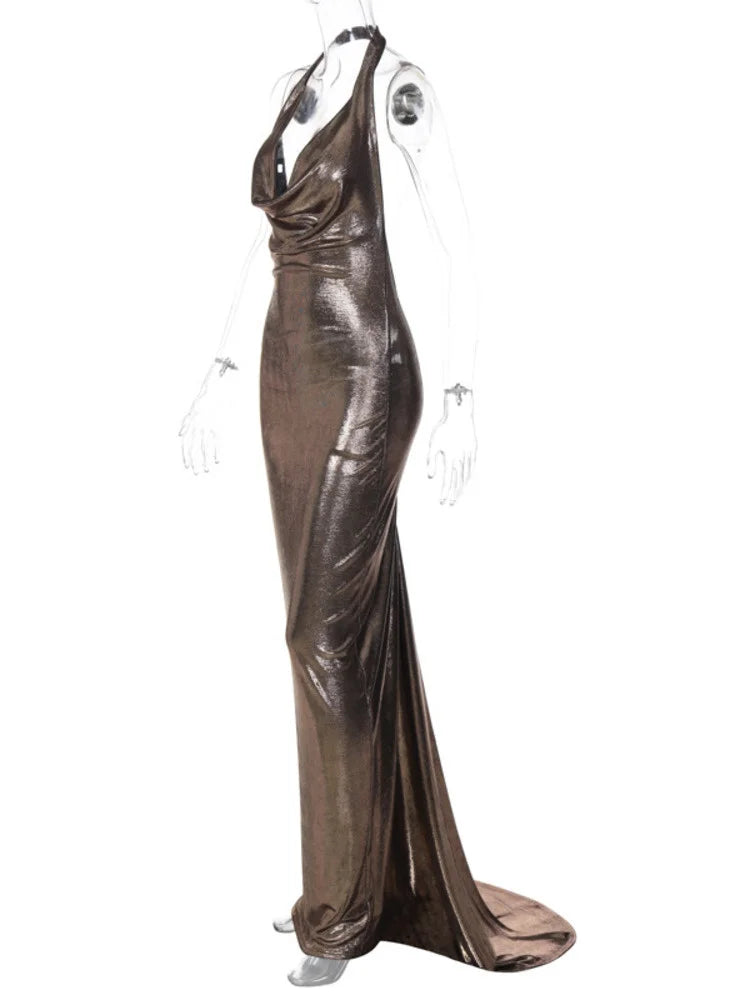 Halter Deep V Neck Backless Maxi Dress Sleeveless Temperament Fishtail Dress Party Dress