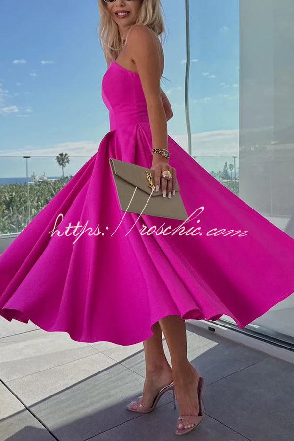 Sweet Cascade Color Off Shoulder Pocket Full Hem Midi Dress
