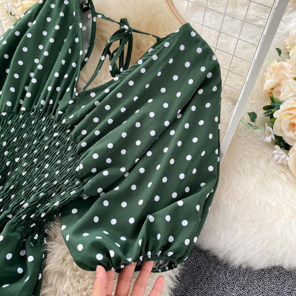 Stylish Army Green V-neck Polka Dot Puff Sleeve Wide Leg Jumpsuit