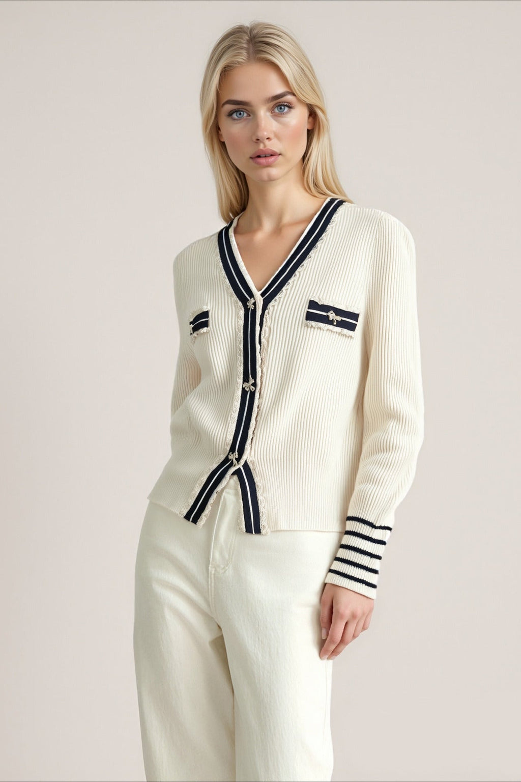 Colorblock Lace Trim V Neck Knit Cardigan