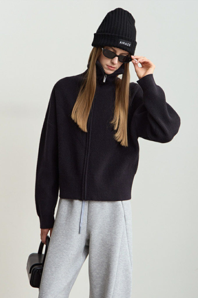 Naval-collar Zip Lazy-style Thick Knit Cardigan
