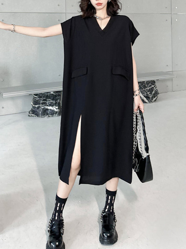 Loose Short Sleeves Asymmetric Color Split-joint Split-side V-neck Midi Dresses