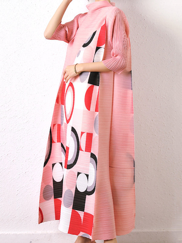 Loose Geometric Printed Pleated Midi Dress