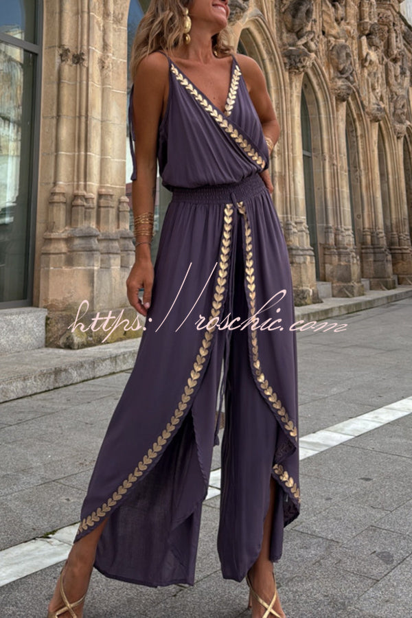 Tamia Gold Trim Elastic Waist Slit Wide Leg Slip Jumpsuit