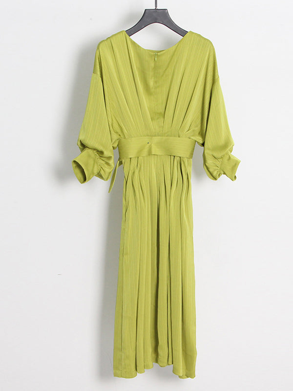 High Waisted Loose Belted Color Boat Neck Midi Dresses