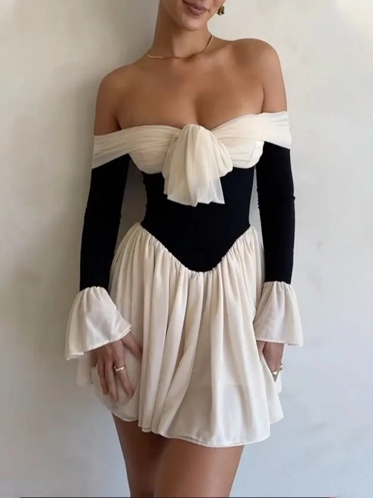 Strapless Backless Mini Dress for New Off-shoulder Long Flare Sleeve Pleated Club Party Dress