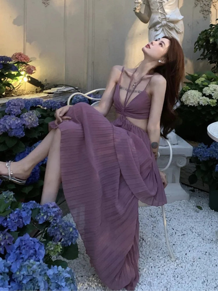 Summer New Pleated Holiday Beach Long Dresses for Vacation Spaghetti Strap a Line Robe Sundress