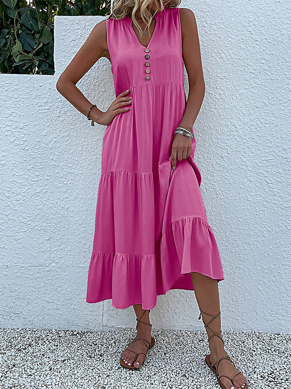 Loose Sleeveless Pleated Split-joint V-neck Midi Dresses