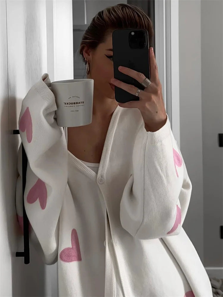 Knitted Cardigan Long Sleeve Loose Deep V Neck Sweater ’s Embroidery Heart Autumn Coat New