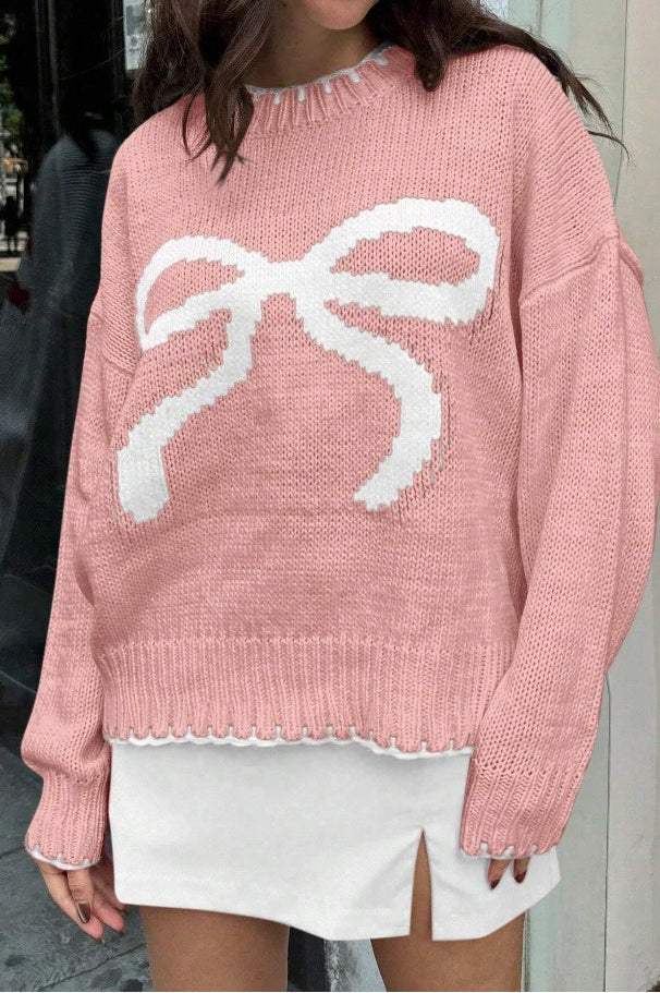 Slouchy Bow Jacquard Loose Pullover Sweater
