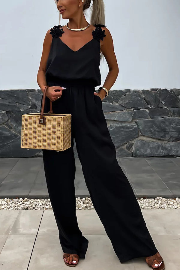 Color Embroidered Flower Suspenders Loose Jumpsuit