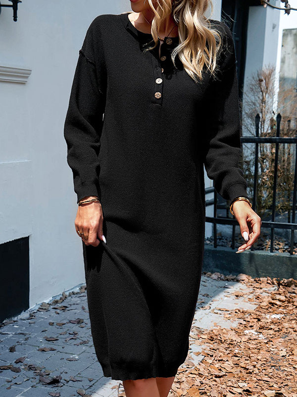 Long Sleeves Loose Buttoned Round-neck Midi Dresses Sweater Dresses