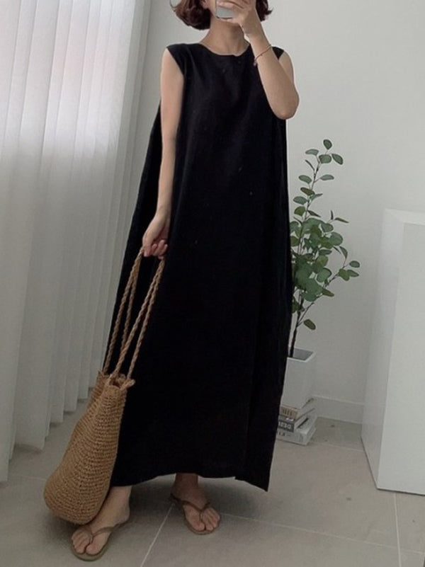 Simple Color Split-side Round-neck Sleeveless Midi Dress
