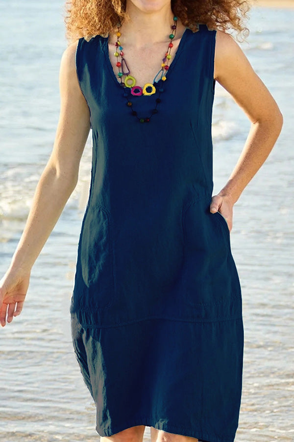 Chun Color Cotton and Linen U-neck Sleeveless Pocket Midi Dress