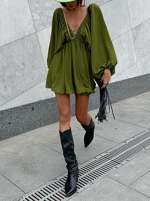 Long Sleeves Loose Elasticity Color V-back Deep V-neck Mini Dresses