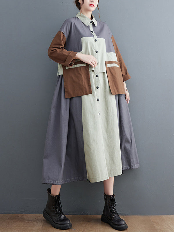 Loose Long Sleeves Contrast Color Polo Midi Dresses