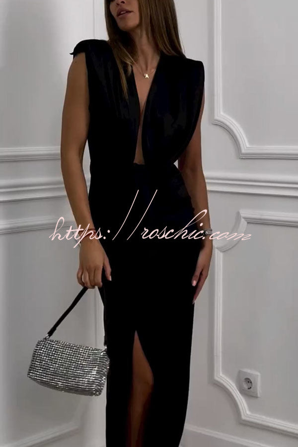 Classic and Dates V-neck Ruched Drape Slit Midi Dress