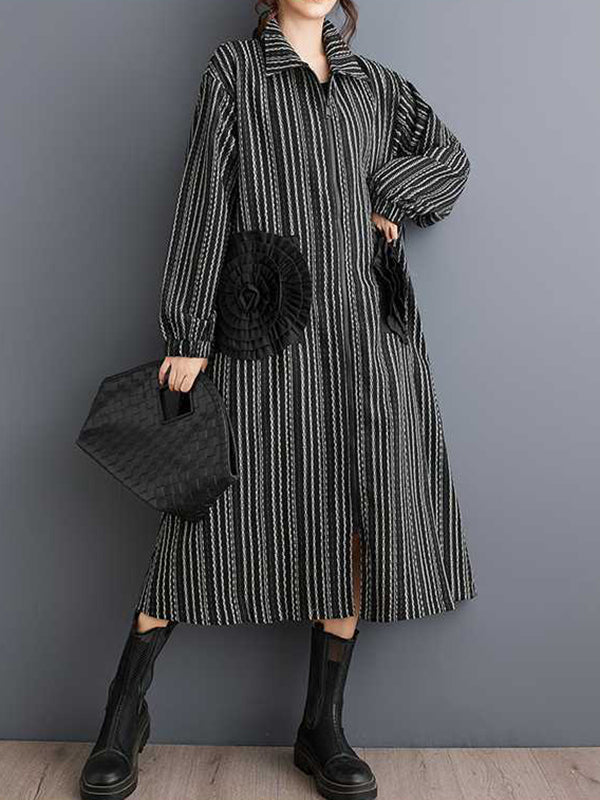 A-line Long Sleeves Elasticity Pockets Striped Zipper Lapel Midi Dresses