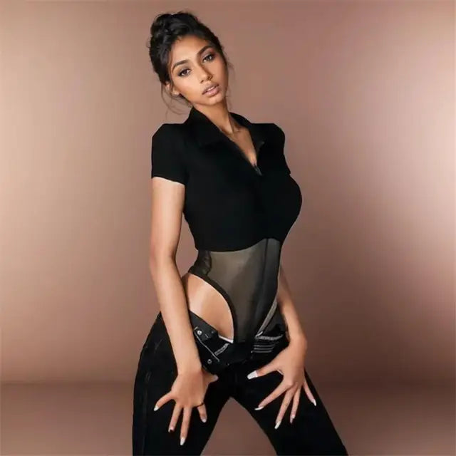 Short Sleeve Top Perspective Mesh Bodysuit Jumpsuit Woman Clothing Black Zip Summer Street Y2k Bodysuit Black