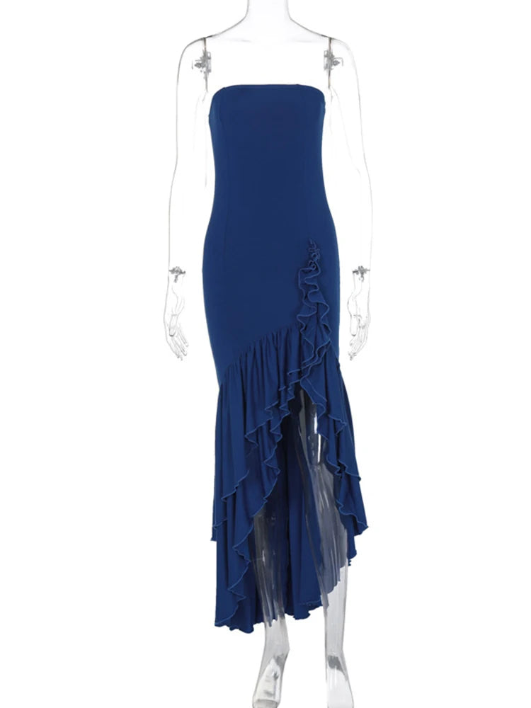 Strapless High Split Ruffle Long Dress for Off-shoulder Backless Sleeveless Bodycon Club Party Dress