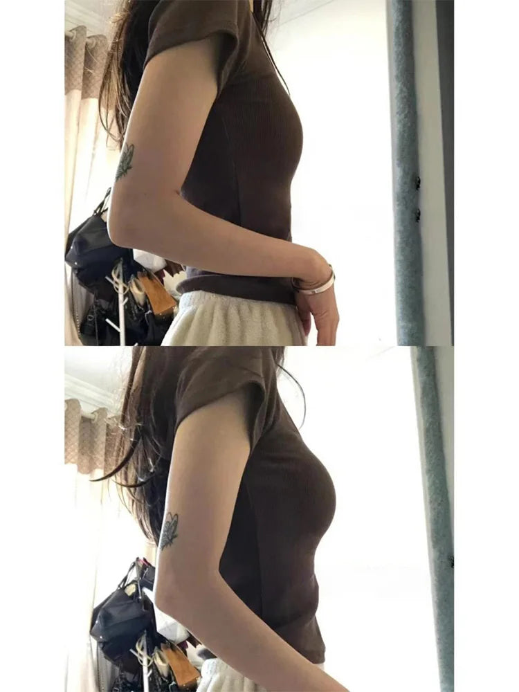 T-shirts Dark Brown Hotsweet Summer Slim Daily Popular All-match Simple Korean Style Female New