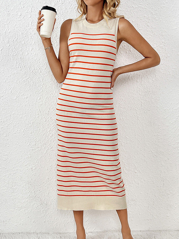 Loose Sleeveless Striped Round-neck Knit Dresses Midi Dresses
