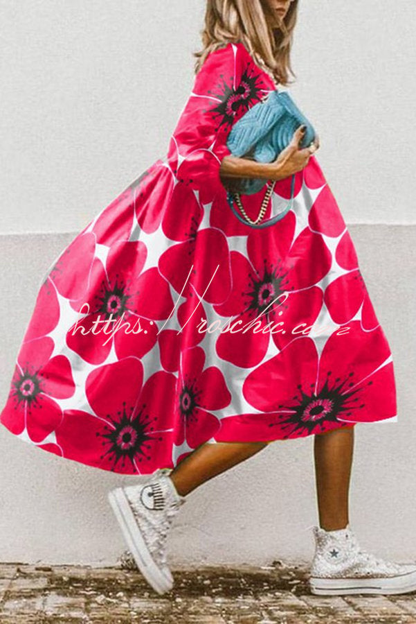Print High Low Hem A-line Midi Dress
