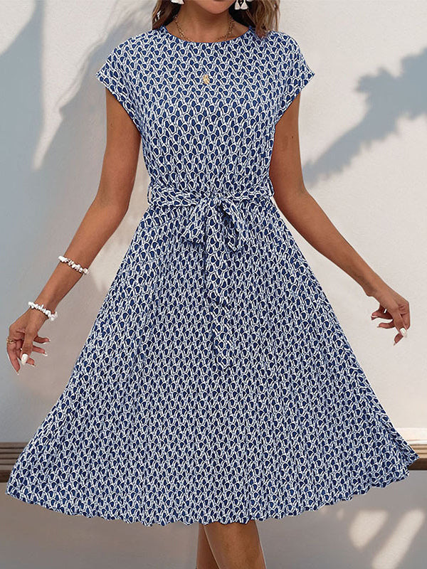 Loose Raglan Sleeve Printed Tied Waist Round-neck Midi Dresses