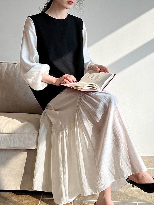 High Waisted Long Sleeves Elasticity Pleated Color Split-joint Zipper V-neck Midi Dresses