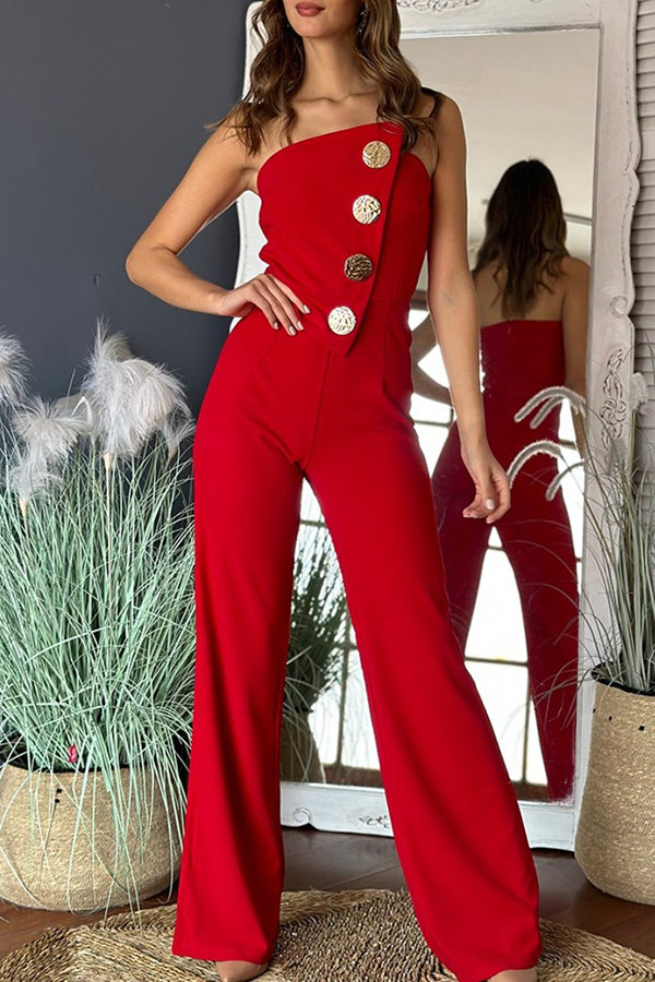 Color Tube Top Gold Button Embellished Bootcut Jumpsuit