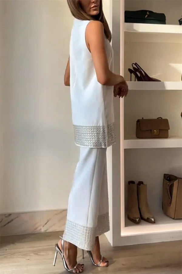 Simple but Not Simple Sequin Trim Back Elastic Waist Crop Loose Pants