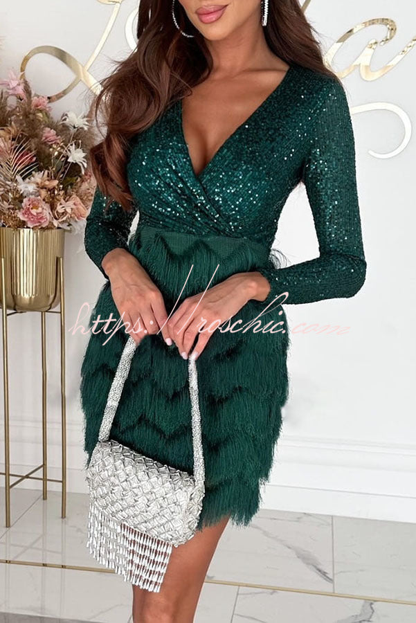 Spinning on the Dance Floor Sequin Patchwork Tiered Fringe Mini Dress