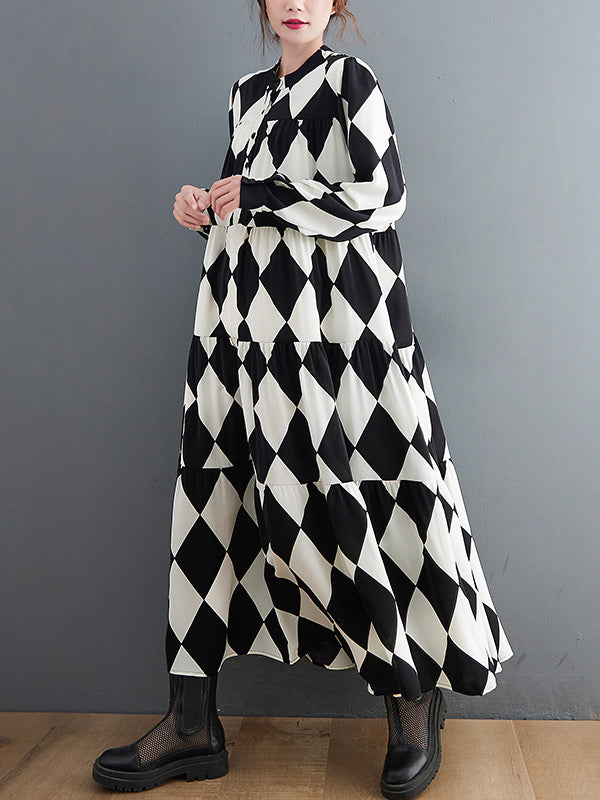 A-line Long Sleeves Buttoned Plaid Polo Midi Dresses