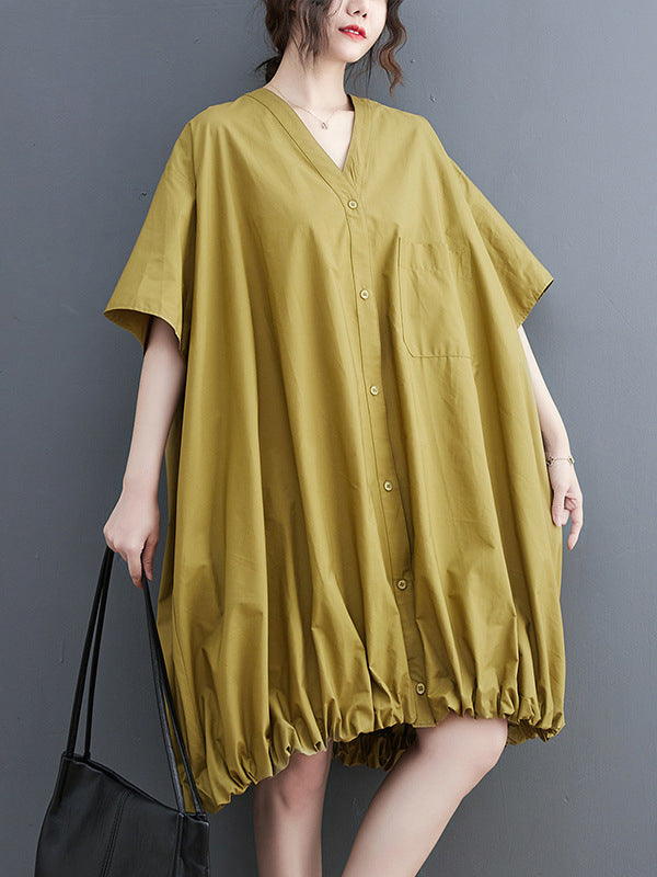 Loose Short Sleeves Color V-neck Midi Dresses