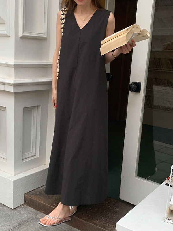 Loose Sleeveless Color V-neck Midi Dresses
