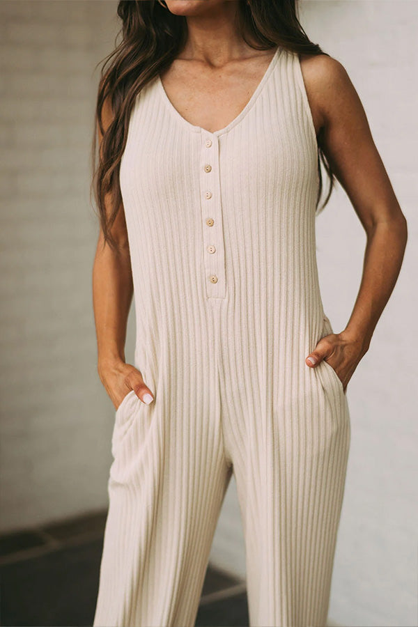 Apricot Sleeveless Buttoned Ribbed Wide Leg Jumpsuit With Pockets