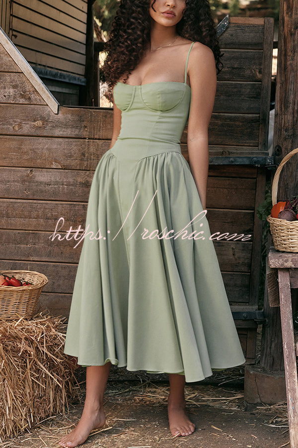 Color Slim Fit Suspender Pocket Midi Dress