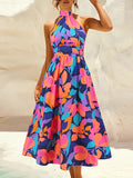 A-line Loose Pleated Printed Split-joint Halter-neck Midi Dresses