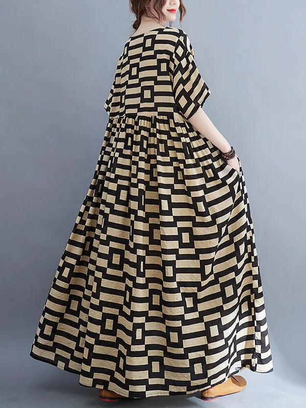 Loose Short Sleeves Plaid Round-neck Midi Dresses