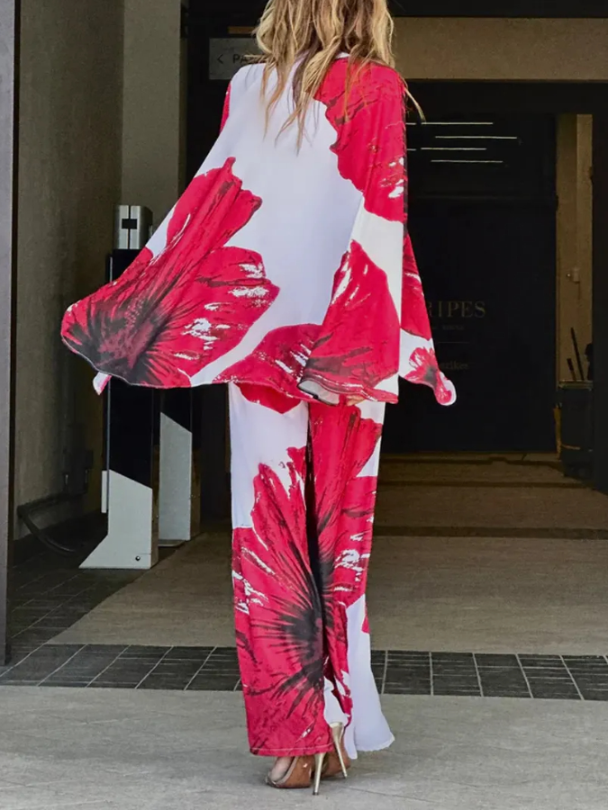 Red Hibiscus Printed Beach Garbo Cape Jumpsuit